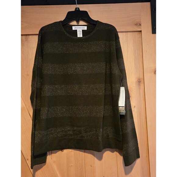 New! Jones New York Women L Green Sparkle Stripe Merino Wool Blend Sweater - Picture 1 of 12
